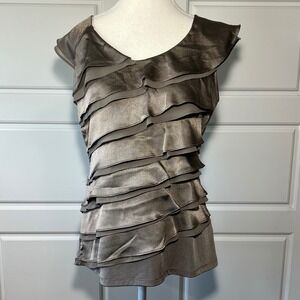 The Limited‎ Women's Metallic Taupe Tiered Ruffle V-Neck Sleeveless Top Size M